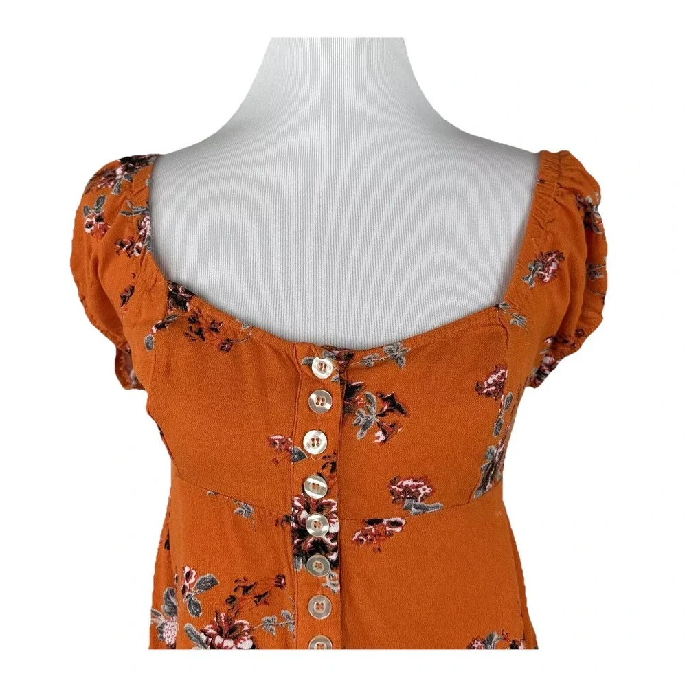 Free‎ People Medium Orange Floral Close To You Smocked Button Rayon SS Crop Top